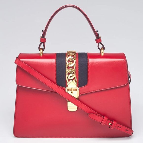 Gucci Red Smooth Leather Calfskin Leather Vintage Web Medium Sylvie Shoulder Bag - Picture 1 of 10